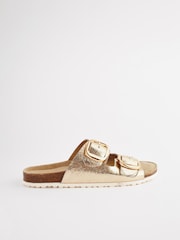Gold Textured Forever Comfort® Leather Double Strap Footbed Sandals - Image 6 of 10