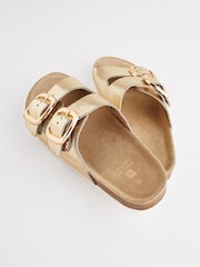 Gold Textured Forever Comfort® Leather Double Strap Footbed Sandals - Image 7 of 10