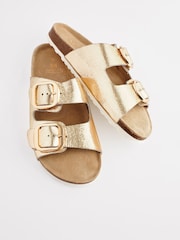 Gold Textured Forever Comfort® Leather Double Strap Footbed Sandals - Image 8 of 10