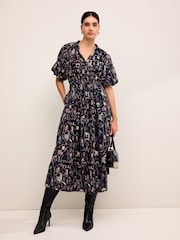 Marineblau/Landschaftsprint - Midikleid mit Puffärmeln - Bild 1 von 4