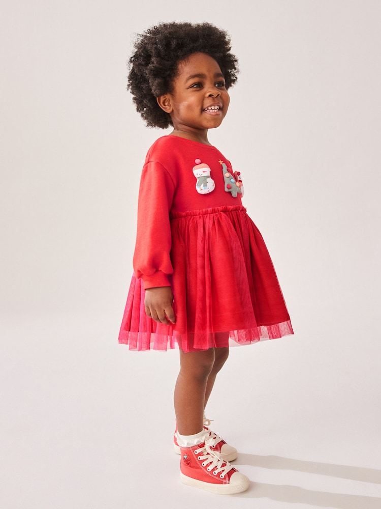 Red Christmas Mesh 2-in-1 Sweatshirt Dress (3mths-7yrs) - Image 2 of 7