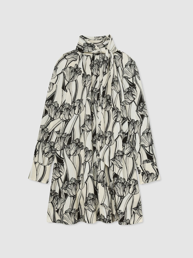 Reiss Black/Ivory Alwen Floral-Print Tie-Neck Swing Mini Dress - Image 2 of 7 Reiss Black/Ivory Alwen Floral-Print Tie-Neck Swing Mini Dress - Image 2 of 7