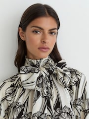 Reiss Black/Ivory Alwen Floral-Print Tie-Neck Swing Mini Dress - Image 3 of 7