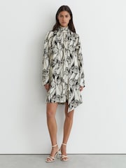 Reiss Black/Ivory Alwen Floral-Print Tie-Neck Swing Mini Dress - Image 4 of 7