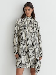 Reiss Black/Ivory Alwen Floral-Print Tie-Neck Swing Mini Dress - Image 5 of 7