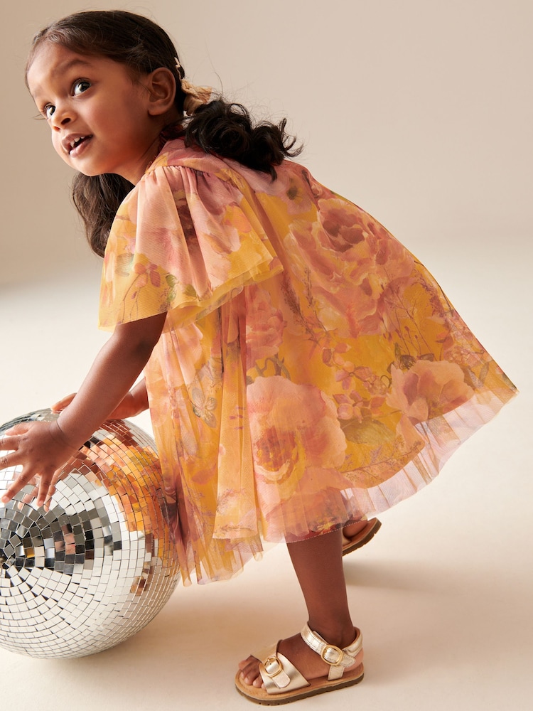 Ochre Yellow Floral Mesh Dress (3mths-7yrs) - Image 4 of 4
