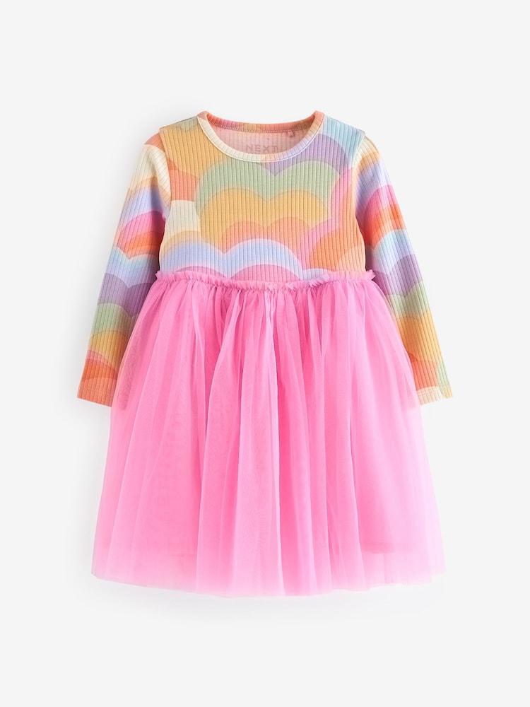 Pink Rainbow Long Sleeve Mesh Dress (3mths-7yrs) - Image 4 of 6
