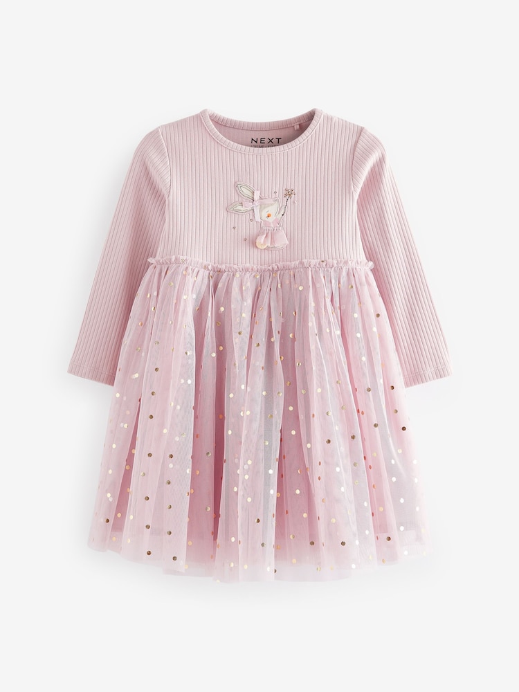 Pink Bunny Long Sleeve Mesh Dress (3mths-7yrs) - Image 2 of 7