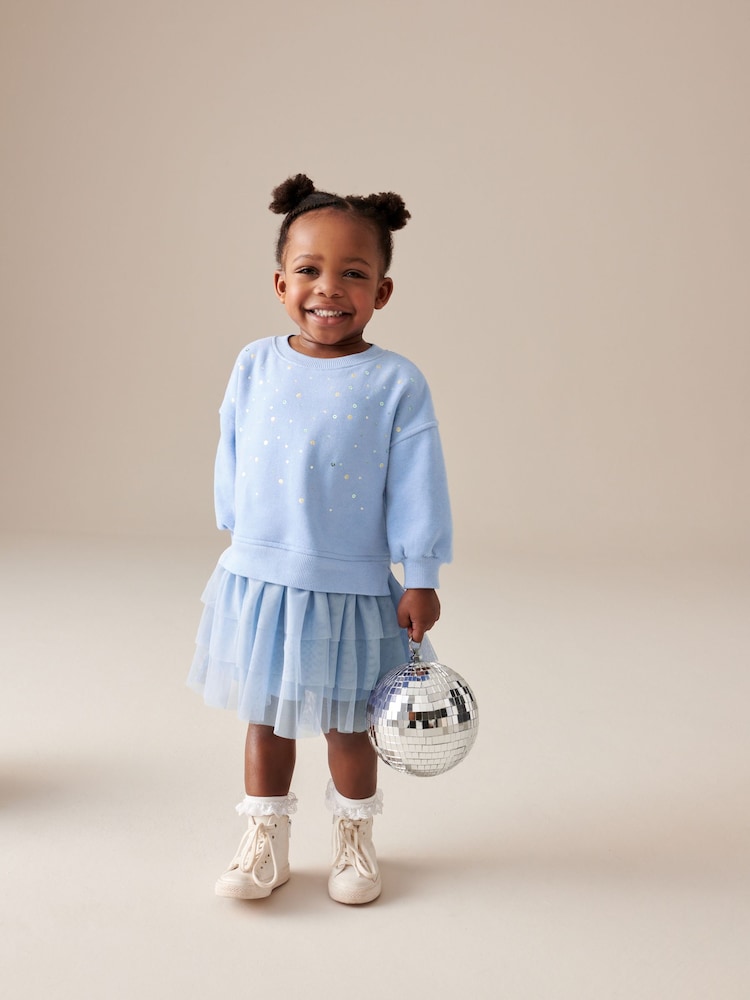Pale Blue Sparkle Sweat Mesh Dress (3mths-7yrs) - Image 2 of 7
