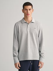 GANT Grey Melange Regular Fit 100% Cotton Shield Long Sleeve Polo Shirt - Image 1 of 5
