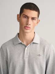 GANT Grey Melange Regular Fit 100% Cotton Shield Long Sleeve Polo Shirt - Image 4 of 5