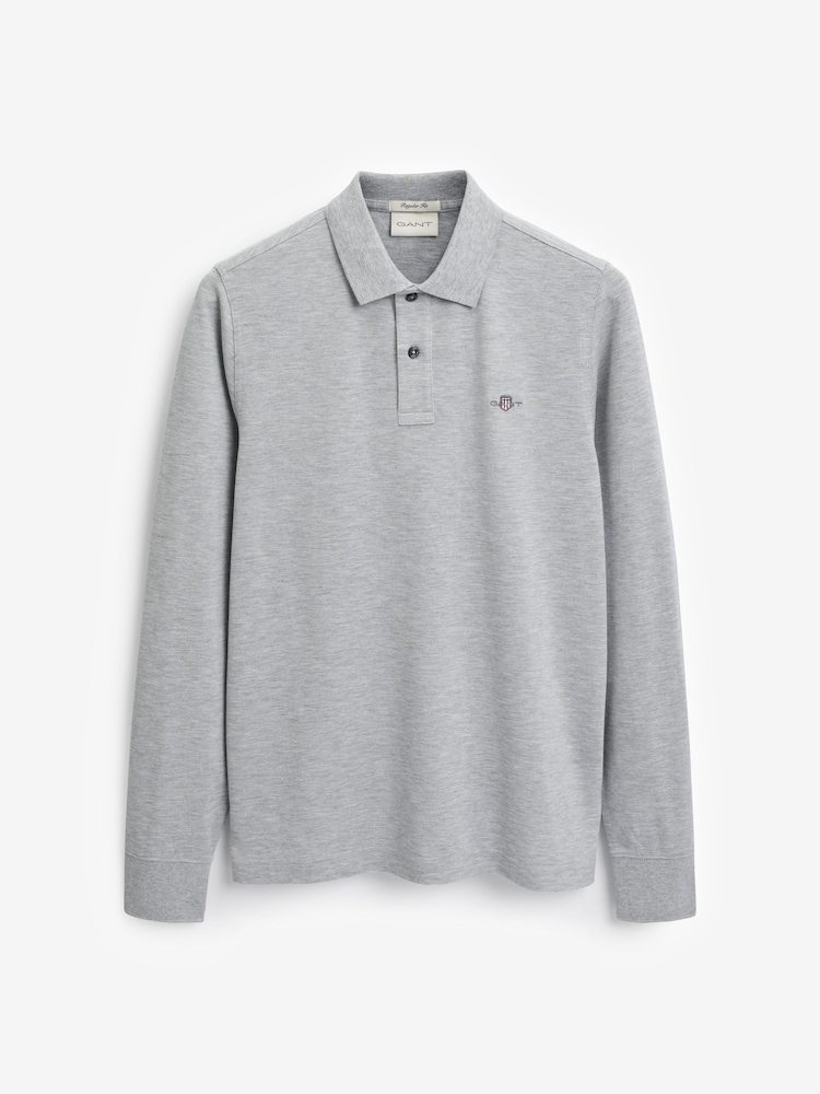 GANT Grey Melange Regular Fit 100% Cotton Shield Long Sleeve Polo Shirt - Image 5 of 5