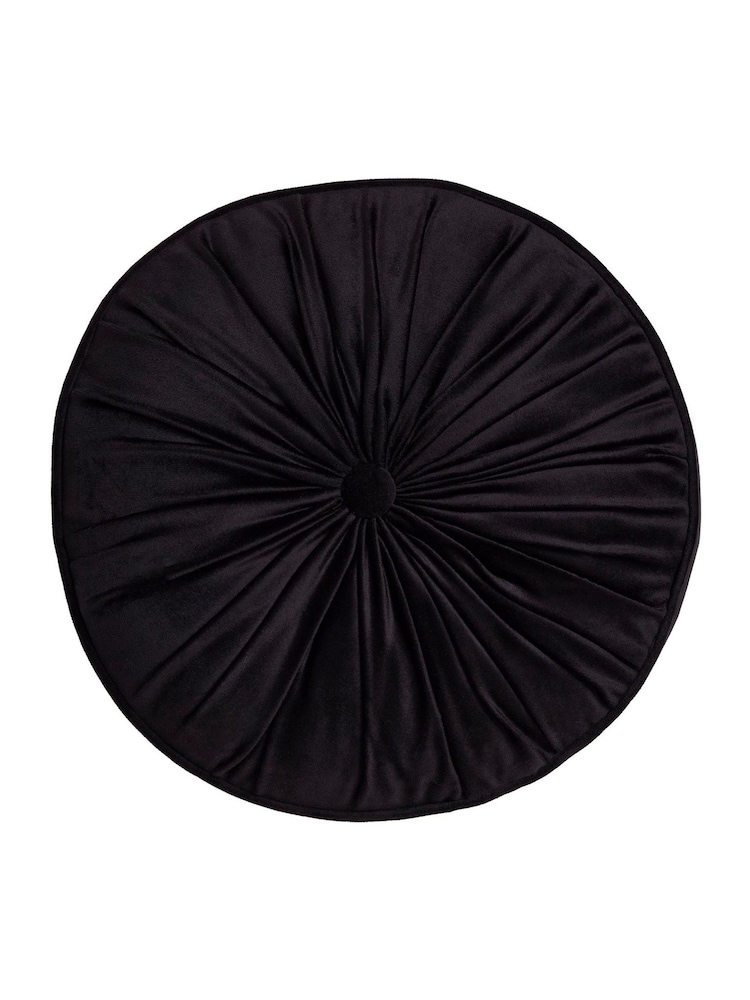 Laurence Llewelyn-Bowen Black Roxy Round Pleat Velvet Round Cushion - Image 2 of 5 Laurence Llewelyn-Bowen Black Roxy Round Pleat Velvet Round Cushion - Image 2 of 5