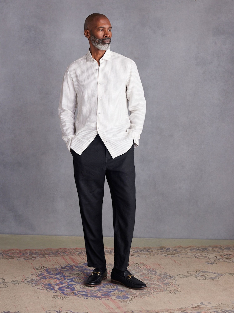 White/Neutral Brown Stripe Regular Fit Signature Linen Shirt - Image 2 of 9