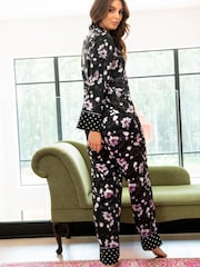 Pour Moi Black Luxe Satin Print Mix Revere Collar Pyjama Set - Image 2 of 5