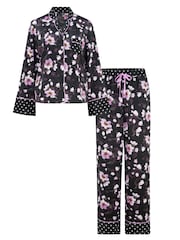 Pour Moi Black Luxe Satin Print Mix Revere Collar Pyjama Set - Image 4 of 5