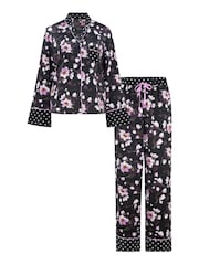 Pour Moi Black Luxe Satin Print Mix Revere Collar Pyjama Set - Image 5 of 5