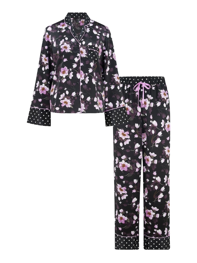 Pour Moi Black Luxe Satin Print Mix Revere Collar Pyjama Set - Image 5 of 5