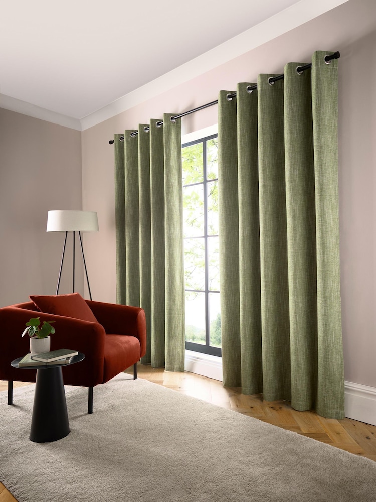 Curtina Green Boucle Chenille Blackout Pair of Eyelet Curtains - Image 2 of 5