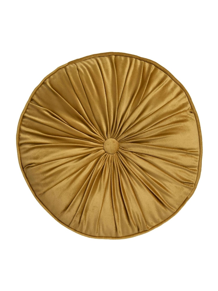 Laurence Llewelyn-Bowen Ochre Roxy Round Pleat Velvet Round Cushion - Image 2 of 4 Laurence Llewelyn-Bowen Ochre Roxy Round Pleat Velvet Round Cushion - Image 2 of 4