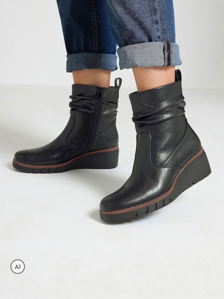 Crno - Yours Curve Faux Leather Wedge Boots - Slika 1 od 5