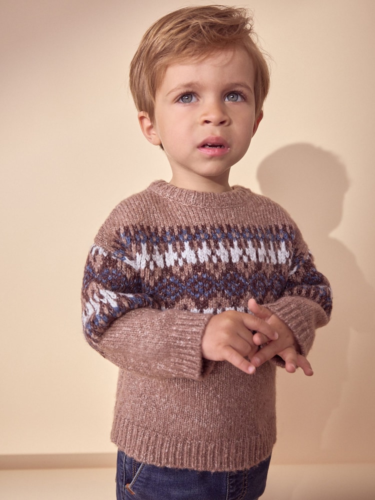 Neutral Fairisle Fairisle Pattern Crew Neck Knitted Jumper (3mths-7yrs) - Image 1 of 7