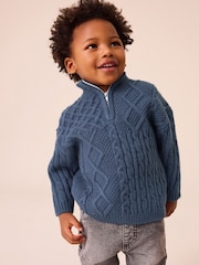 Navy Blue Cable Knit Zip Neck Jumper (3mths-7yrs) - Image 1 of 8