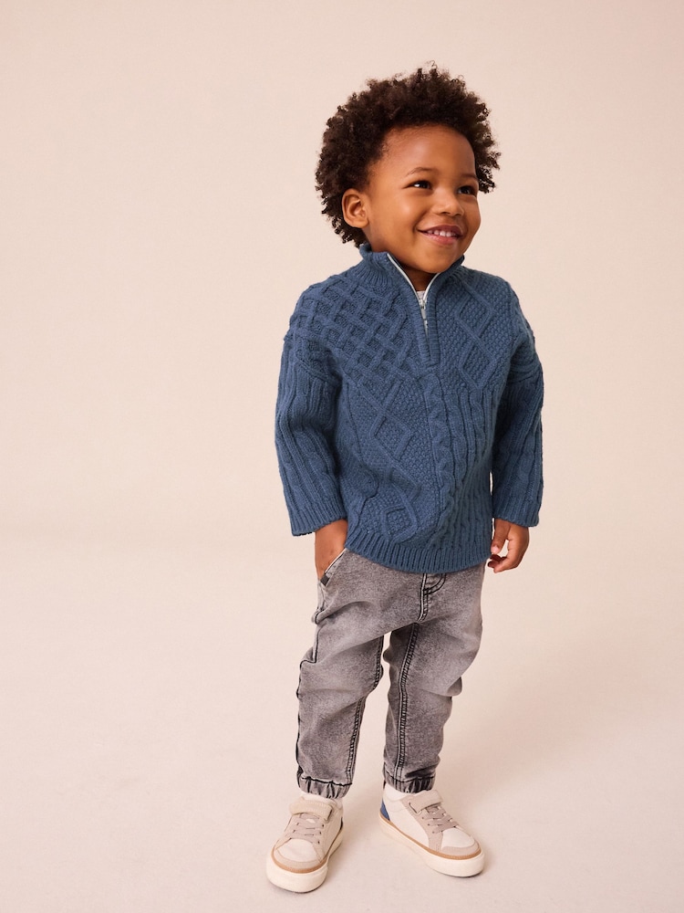 Navy Blue Cable Knit Zip Neck Jumper (3mths-7yrs) - Image 2 of 8