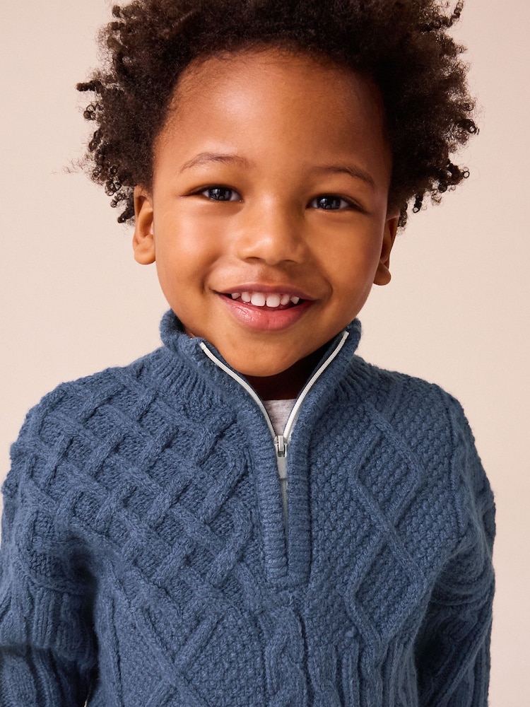 Navy Blue Cable Knit Zip Neck Jumper (3mths-7yrs) - Image 4 of 8