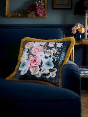 Laurence Llewelyn-Bowen Blue Bouquet List Velvet Filled Cushion - Image 1 of 5