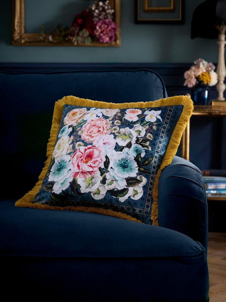 Laurence Llewelyn-Bowen Blue Bouquet List Velvet Filled Cushion - Image 1 of 5