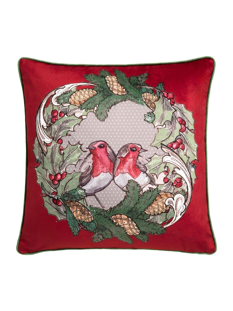 Laurence Llewelyn-Bowen Red Festive Robin Velvet Filled Christmas Cushion - Image 2 of 4 Laurence Llewelyn-Bowen Red Festive Robin Velvet Filled Christmas Cushion - Image 2 of 4