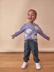 Grey/Blue Happy Faces Crew Neck Jumper (3mths-7yrs) - Image 1 of 8