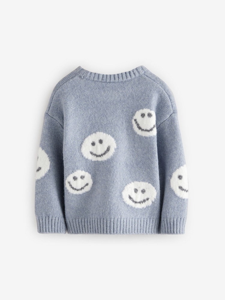 Buy Grey/Blue Happy Faces Crew Neck Jumper (3mths-7yrs) from the