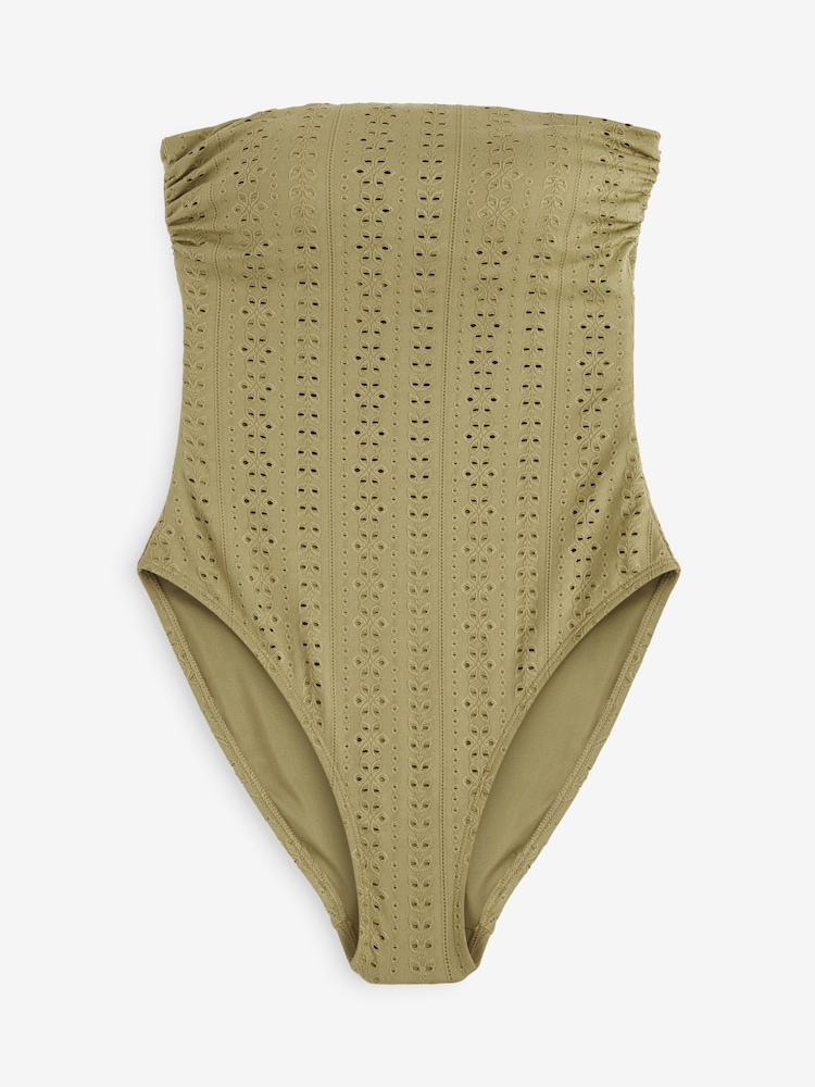 Khaki Green Broderie Bandeau Tummy Shaping Control Swimsuit - Image 6 of 6