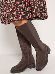 Yours Curve Brown Knee High Cleated Chelsea Boots In Wide E Fit - Image 1 of 5