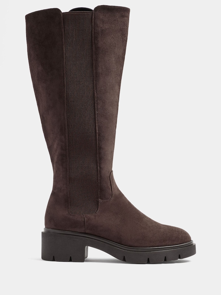 Yours Curve Brown Knee High Cleated Chelsea Boots In Wide E Fit - Image 2 of 5