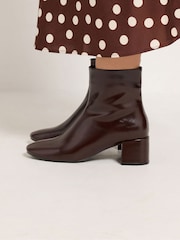 Yours Curve Brown Patent Almond Toe Block Heel Ankle Boots In Wide E Fit - Image 1 of 5