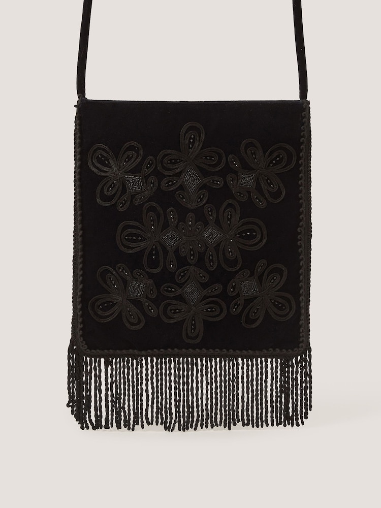 Monsoon Blue Dori Embroidered Fringe Cross-Body Bag - Image 1 of 4 Monsoon Blue Dori Embroidered Fringe Cross-Body Bag - Image 1 of 4