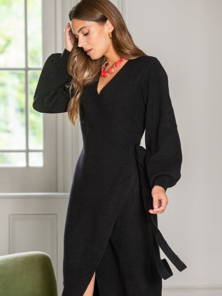 Pour Moi Black Elle Knit Midi Wrap Dress - Image 2 of 4