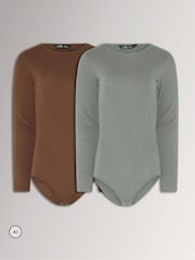 Long Tall Sally Brown & Grey Long Sleeve Ribbed Bodysuits 2 Pack - Image 1 of 9