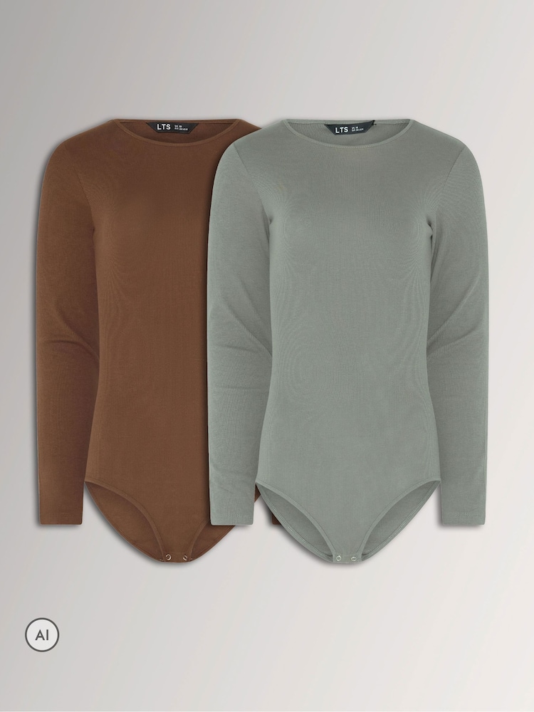Long Tall Sally Brown & Grey Long Sleeve Ribbed Bodysuits 2 Pack - Image 1 of 9 Long Tall Sally Brown & Grey Long Sleeve Ribbed Bodysuits 2 Pack - Image 1 of 9