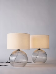 The Set 2 Pack Black Ribbed Glass Round Table Lamps - Image 3 of 5