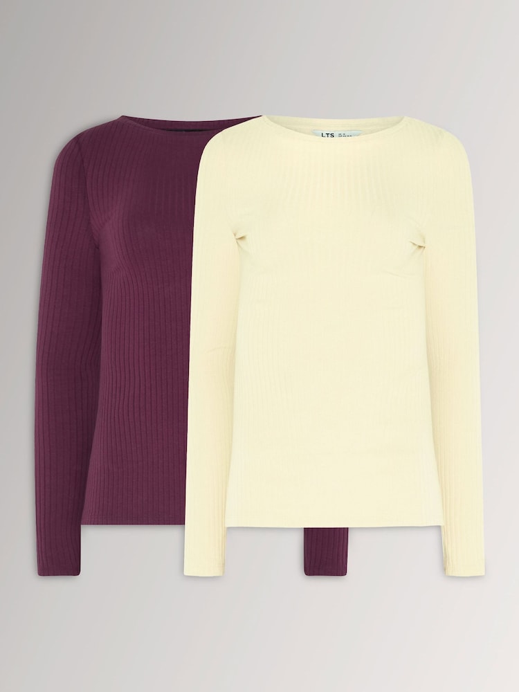 Long Tall Sally Berry Red & Ivory White Ribbed Boat Neck Tops 2 Pack - Image 1 of 1