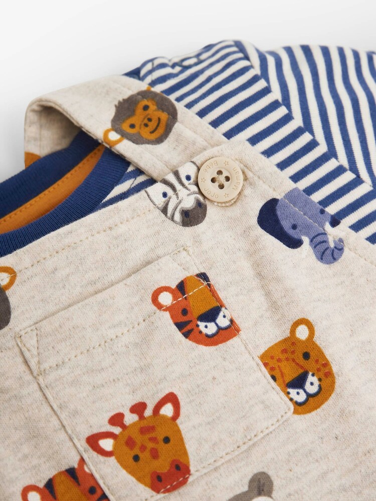 JoJo Maman Bébé Natural 2-Piece Natural Safari Heads Print Baby Short Dungarees Set - Image 2 of 2