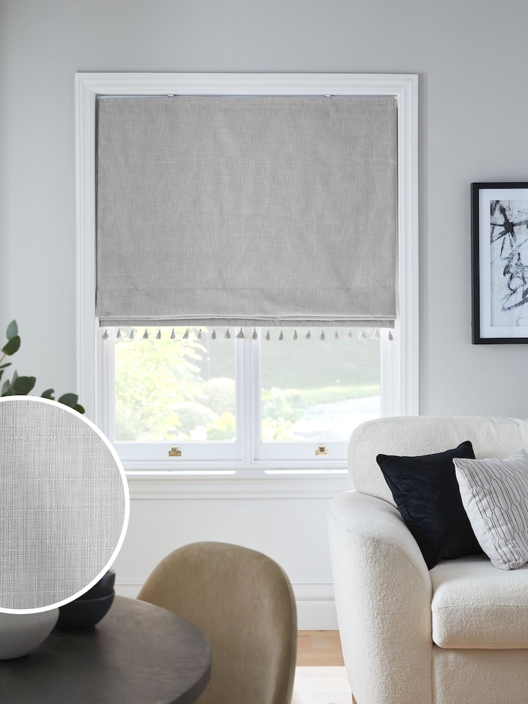Light Grey Ready Made Blackout Roman Blind Textured Tassel Edge - Image 1 of 8