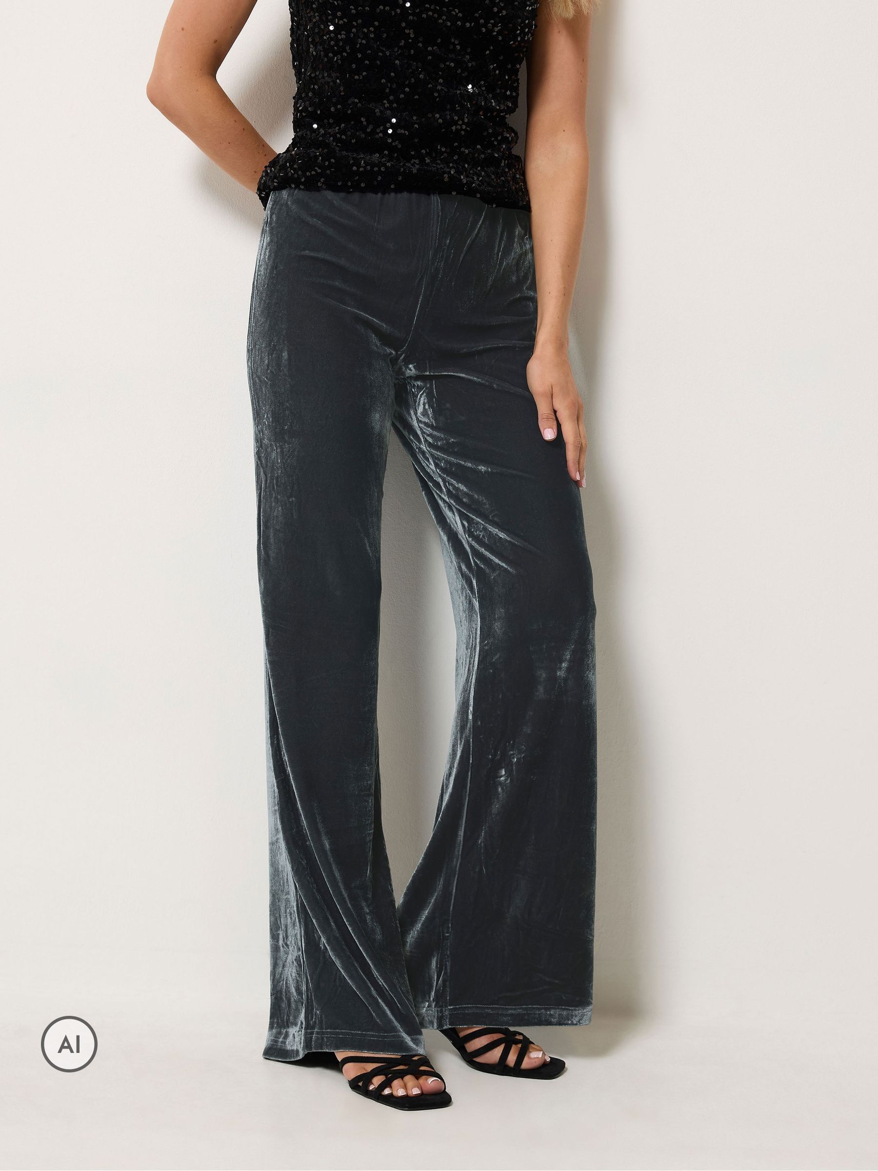 Long Tall Sally Women's Grey Tall Velvet Wide Leg Trousers In | Size: 24XL - Image 2