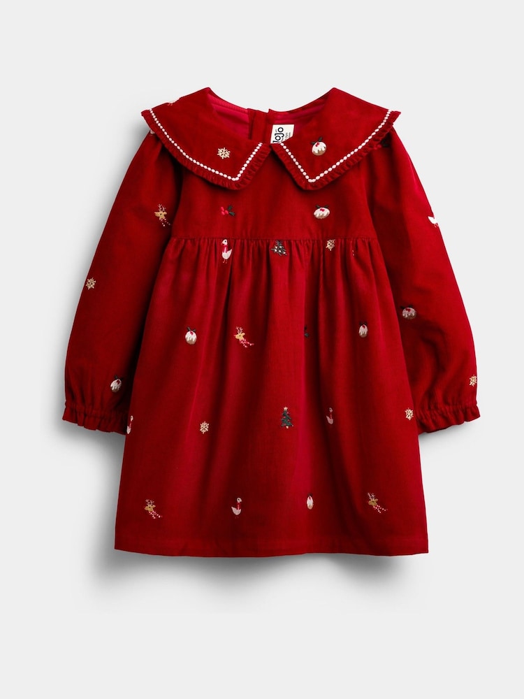 JoJo Maman Bébé Red Christmas Embroidered Cord Dress - Image 1 of 4 JoJo Maman Bébé Red Christmas Embroidered Cord Dress - Image 1 of 4