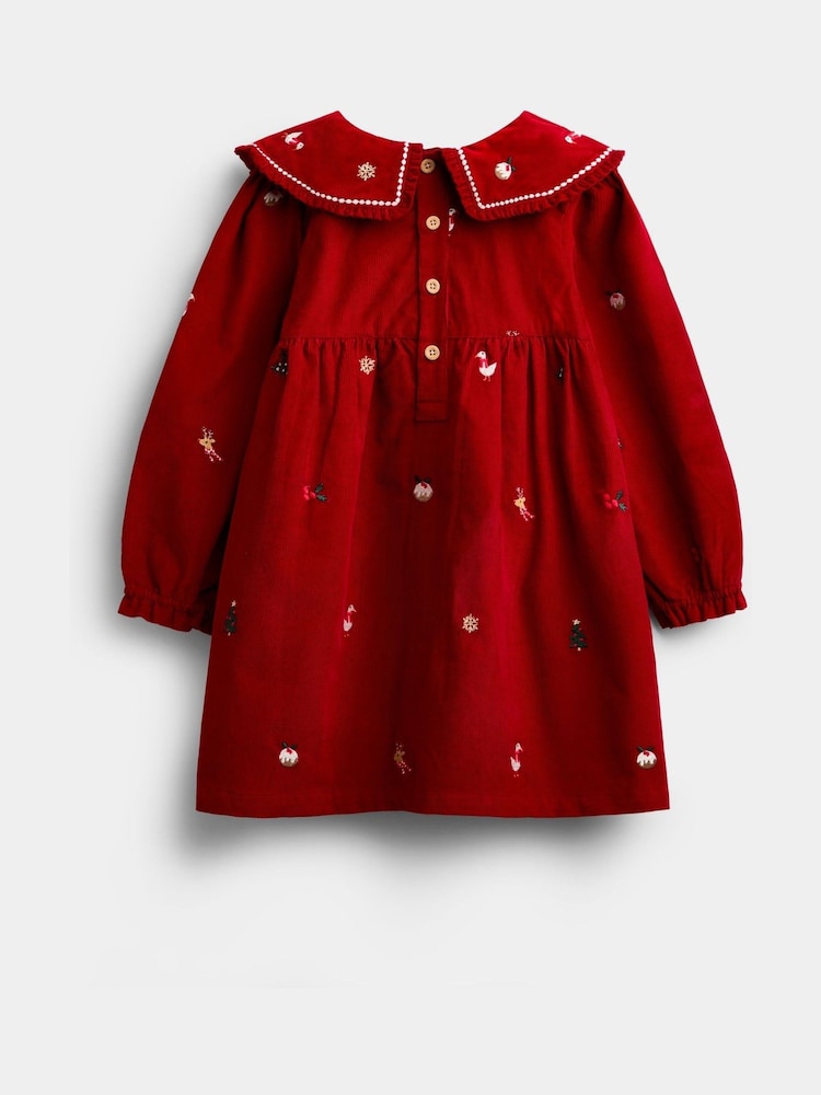 JoJo Maman Bébé Red Christmas Embroidered Cord Dress - Image 2 of 4 JoJo Maman Bébé Red Christmas Embroidered Cord Dress - Image 2 of 4