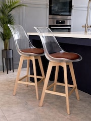 Fusion Living Set of 2 Chocolate Soho Clear Plastic Bar Stools with Light Wood Legs - Image 1 of 5